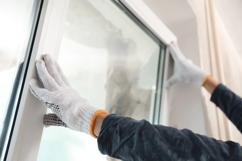 Travailleur installant une fenêtre en plastique à l'intérieur